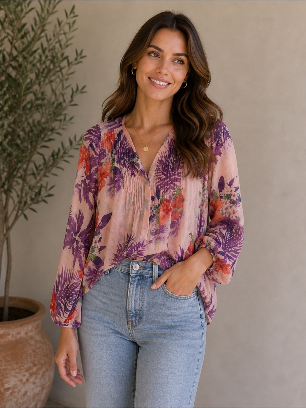 Joe Fresh Pink Blouse with Purple & Coral Floral Print